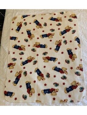 VTG Springmaid Blue Jean Teddy Bear Baby Blanket Fleece Red White Blue GUC